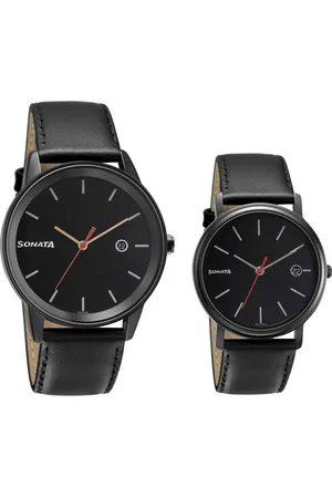 Sonata Quartz Analog with Date Black Dial Leather Strap Watch for Couple