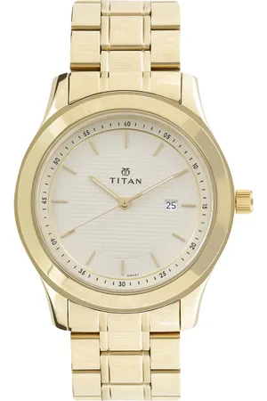 Titan Quartz Analog with Date Champagne Round Dial Golden Stainless Steel Strap Watch For Men