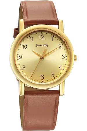 Sonata Classic Quartz Analog Champagne Dial Brown Leather Strap Watch for Men