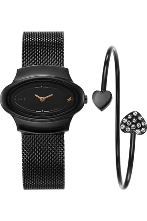 Fastrack Pulse Quartz Analog Black Dial Black Stainless Steel Strap Oval Shaped Watch For Girls