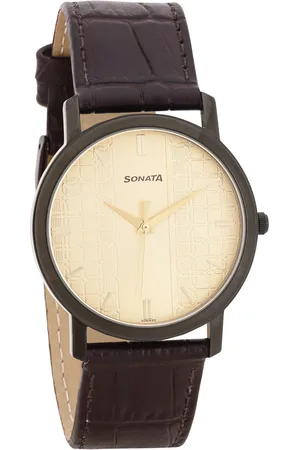 Sonata Quartz Analog Golden Dial Leather Strap Watch for Men