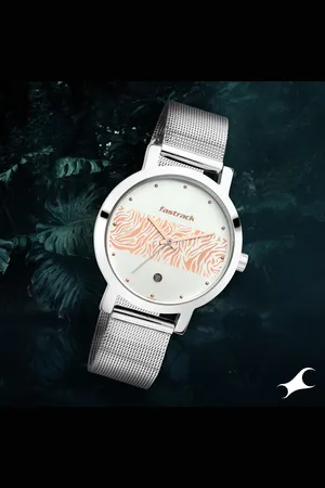 Fastrack Animal Print Quartz Analog with Date Bicolour Dial Stainless Steel Strap Watch for Girls