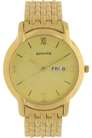 Sonata Quartz Analog with Day and Date Champagne Dial Metal Strap Watch for Men