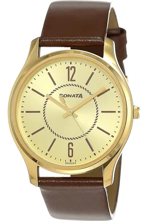 Sonata Quartz Analog Champagne Dial Leather Strap Watch for Men