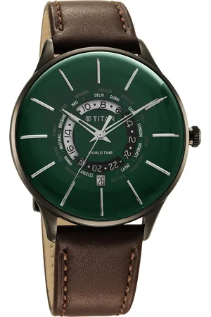 Titan Green Dial World Time with Date Leather Strap watch for Men