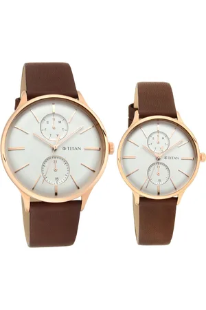 Titan Bandhan White Dial Quartz Multifunction Leather Strap watch for Couple