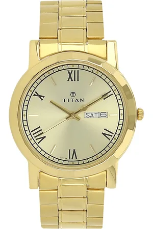 Titan Quartz Analog with Day and Date Champagne Dial Stainless Steel Strap Watch for Men