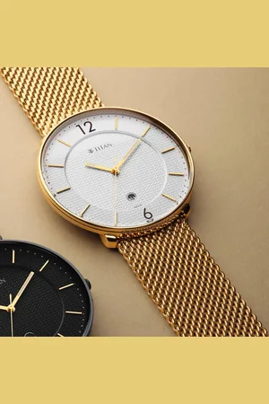 Titan Black and Gold Quartz Analog with Date Silver Dial Stainless Steel Strap Watch for Men