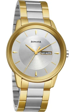Sonata Quartz Analog with Day and Date Silver Dial Stainless Steel Strap Watch for Men