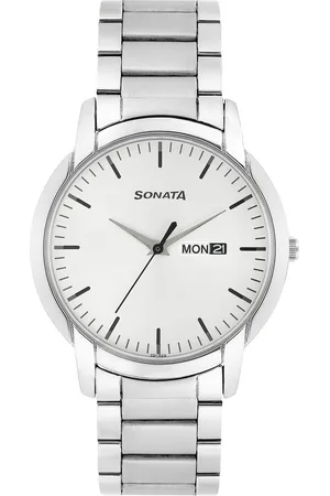 Sonata Quartz Analog with Day and Date Silver Dial Stainless Steel Strap Watch for Men