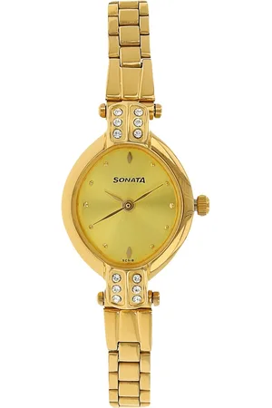 Sonata Quartz Analog Champagne Dial Stainless Steel Strap Watch for Women