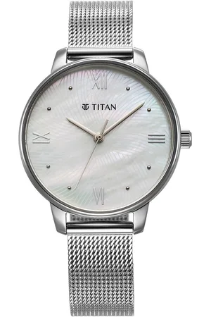 Titan Purple Style Up Quartz Analog Mother Of Pearl Dial Stainless Steel Strap Watch for Women