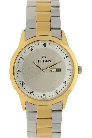 Titan Quartz Analog with Day and Date Champagne Dial Two Toned Stainless Steel Strap Watch For Men