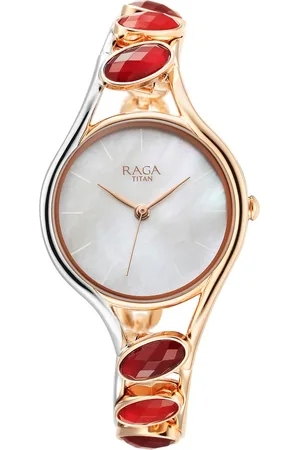 Titan Raga New You Quartz Analog Mother Of Pearl Dial Garnet stone bi-metal Strap Watch for Women
