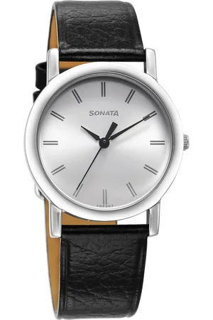 Sonata Classic Quartz Analog Silver Dial Black Leather Strap Watch for Men
