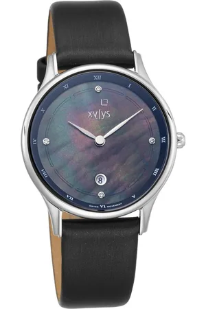 XYLYS Swiss Analog with Date Black Leather Strap Mother of Pearl Dial Watch For Women