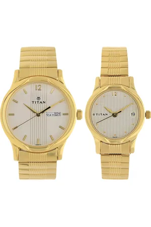 Titan Quartz Analog with Day and Date White Dial Metal Strap Watch for Couple