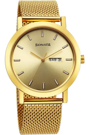 Sonata Utsav Quartz Analog with Day and Date Champagne Dial Stainless Steel Strap Watch for Men