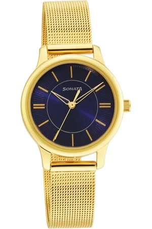 Sonata Classic Gold Blue Dial Metal Strap Watch for Women