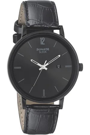 Sonata Quartz Analog with Date Black Dial Leather Strap Watch for Men
