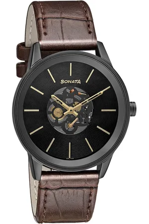 Sonata Quartz Multifunction Black Dial Leather Strap Watch for Men
