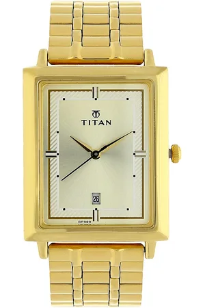 Titan Quartz Analog with Date Champagne Dial Golden Stainless Steel Strap Rectangular Shaped Watch For Men
