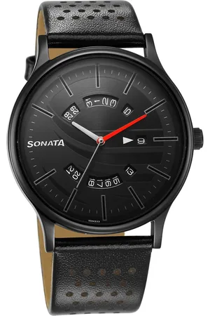 Sonata RPM Black Dial Leather Strap Watch for Men