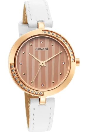 Sonata Utsav Rose Gold Dial White Leather Strap Watch for Women