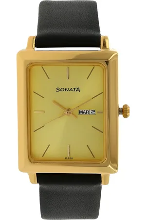 Sonata Quartz Analog with Day and Date Champagne Dial Leather Strap Watch for Men