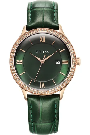 Titan Bright Leathers Green Dial Analog with Date Leather Strap Watch for Women