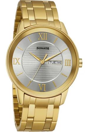Sonata Quartz Analog with Day and Date Champagne Dial Stainless Steel Strap Watch for Men