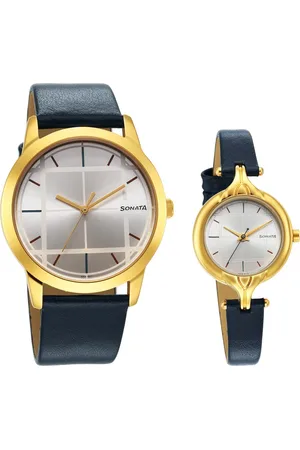 Sonata Quartz Analog Silver Dial Leather Strap Watch for Couple