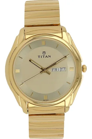 Titan Quartz Analog with Day and Date Champagne Dial Golden Stainless Steel Strap Watch For Men