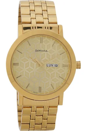 Sonata Quartz Analog with Day and Date Golden Dial Stainless Steel Strap Watch for Men