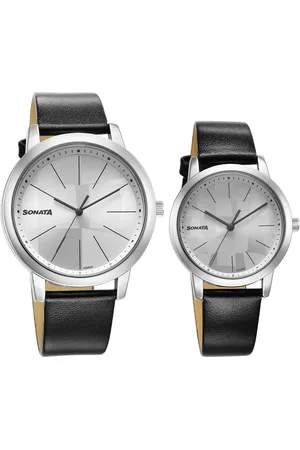 Sonata Pairs Quartz Analog Silver Dial Leather Strap Watch for Couple