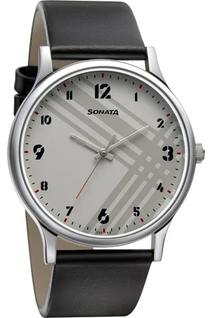 Sonata Smart Plaid Quartz Analog White Dial Leather Strap Watch for Men