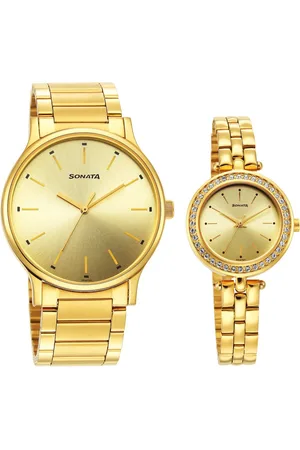 Sonata Quartz Analog Champagne Dial Stainless Steel Strap Watch for Couple