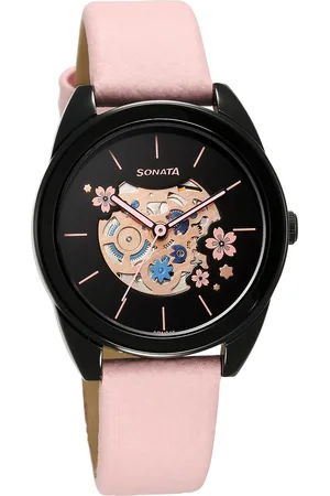 Sonata Unveil Quartz Multifunction Black Dial Leather Strap Watch for Women