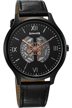 Sonata Unveil Quartz Multifunction Black Dial Leather Strap Watch for Men