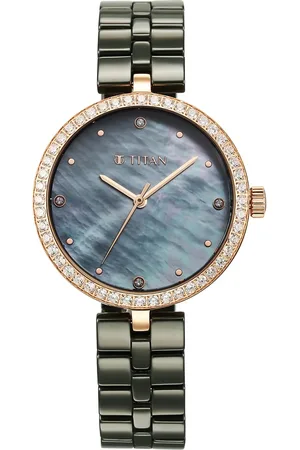 Titan Purple Ceramics Quartz Analog Mother of Pearl Dial Green Ceramic Strap Watch For Women