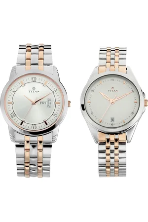 Titan Bandhan Quartz Analog with Day and Date Silver Dial Stainless Steel Strap Watch for Couple