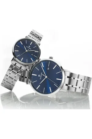 Titan Quartz Analog with Date Blue Dial Stainless Steel Strap Watch for Couple