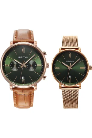 Titan Bandhan Quartz Analog with Date Green Leather and Stainless Steel Strap for Couple