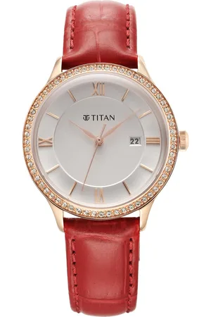Titan Bright Leathers Silver Dial Analog with Date Red Leather Strap Watch for Women