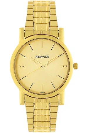 Sonata Quartz Champagne Dial Golden Stainless Steel Strap Watch For Men