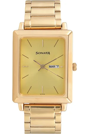 Sonata Quartz Analog with Day and Date Champagne Dial Stainless Steel Strap Watch for Men