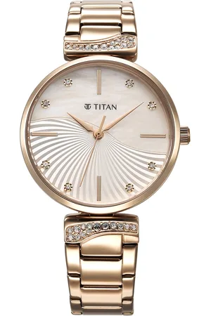 Titan Purple Style Up Quartz Analog Mother Of Pearl Dial Stainless Steel Strap Watch for Women