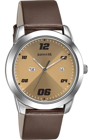 Sonata RPM Quartz Analog with Day and Date Beige Dial Leather Strap Watch for Men