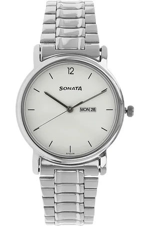 Sonata Quartz Analog with Day and Date White Dial Stainless Steel Strap Watch for Men