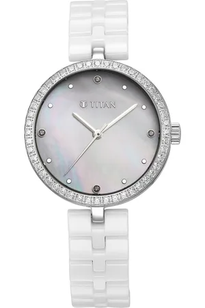 Titan Purple Ceramics Quartz Analog Mother of Pearl Dial White Ceramic Strap Watch For Women